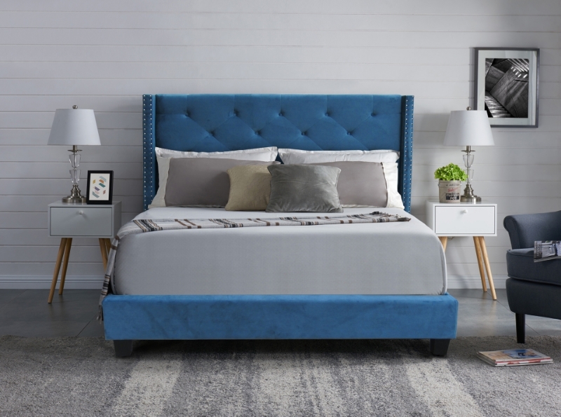 Picture of Ely Upholstered Platform Bed in queen/king (Blue Velvet) - Queen