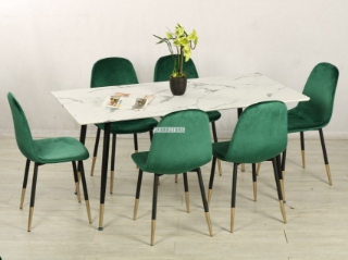 Picture of BIJOK 63" 7PC Dining Set *White Marble Finishing - 1 dining table with six green chairs