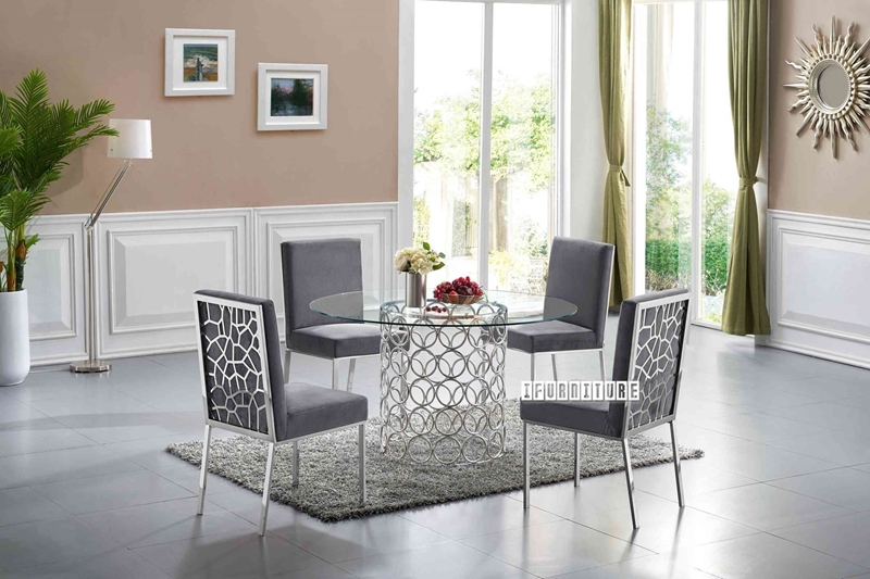 Picture of MARCANO 140 GLASS TOP ROUND 5PC Dining Set (Silver Stainless Steel Frame)