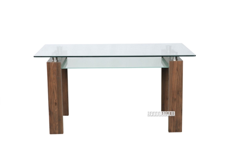 Picture of TANGULAR Tempered Glass Dining Table With Shelf  - Walnut Veneer