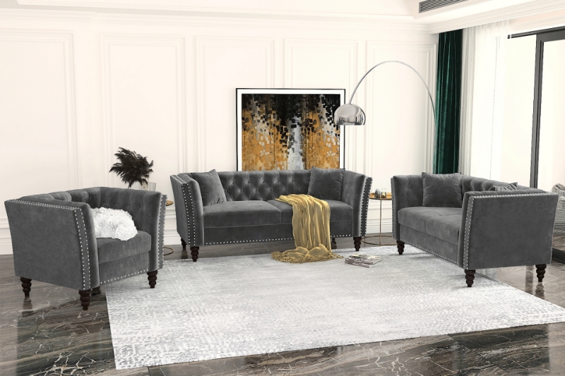 Picture of JERILYN Chesterfield Flared Arm Velvet Sofa Range (Gray)