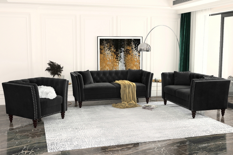 Picture of JERILYN Chesterfield Flared Arm Velvet Sofa Range (Black)