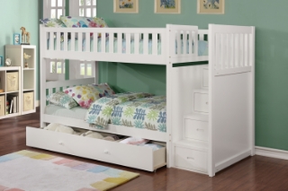 Picture of JENAFIR Twin Over Twin Bunk Bed (White) - Bed Frame with Trundle Storage Drawer