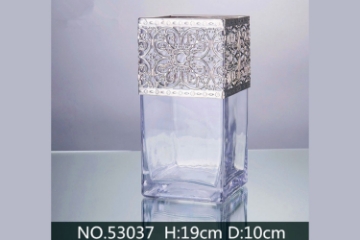 Picture of Large Square Silver Trim Clear Vase--#53037