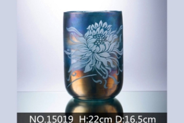 Picture of Medium Blue Tone Tile Etched Vase --#15019