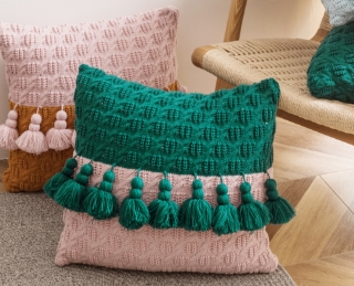 Picture of BI-COLOR HAND-KNITTED TASSEL SQUARE CUSHION WITH INNER 45CMX45CM - GREEN & PINK