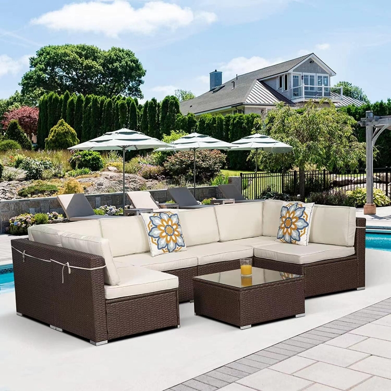 Picture of SUMMERFINDER 7-Piece Modular Outdoor Sectional Wicker Patio Set in Brown