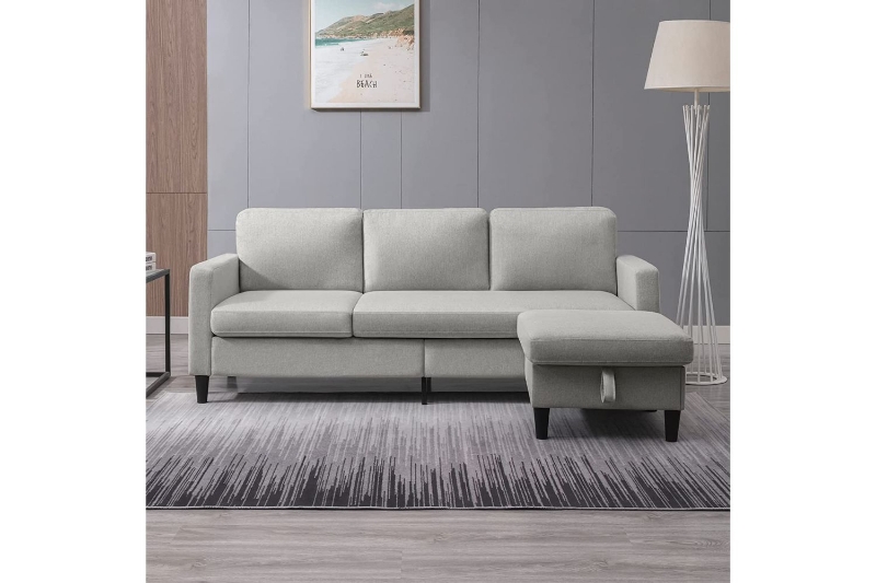 Picture of CLOVER Steel / Wood Frame & Reversible sectional with Storage Ottoman  in Light Grey