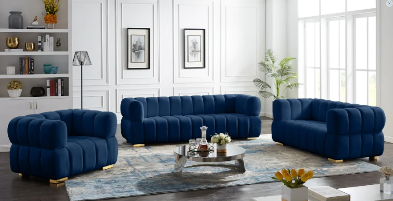 Picture of VEGAS Chesterfield Velvet Sofa Range (Blue) - Armchair+Loveseat+Sofa Set