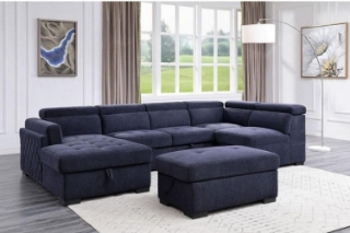 Picture of MARLOWE U-Shape Fabric Pull-Out Sectional Sofa Bed with Storage Ottoman (Blue)- Chaise Facing Left