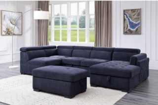 Picture of MARLOWE U-Shape Fabric Pull-Out Sectional Sofa Bed with Storage Ottoman (Blue) - Chaise Facing Right
