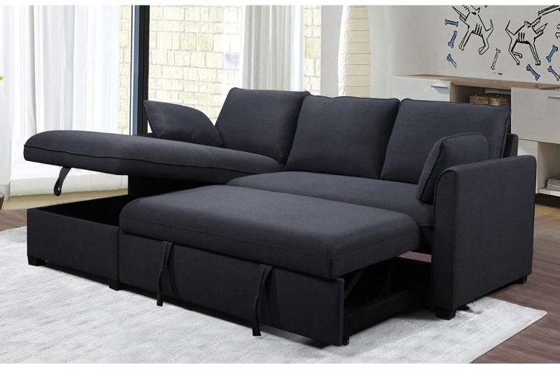 Picture of PORTLAND III Fabric Pull-out Sectional Sofa Bed with Chaise and Storage (Dark Blue) - Facing Left