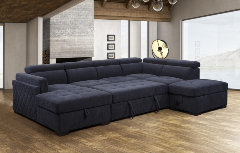 Picture of MARLOWE U-Shape Fabric Pull-Out Sectional Sofa Bed with Storage Ottoman (Blue)