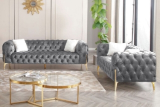 Picture of NORFOLK Button-Tufted Velvet Sofa Range (Grey) - Loveseat+Sofa Set