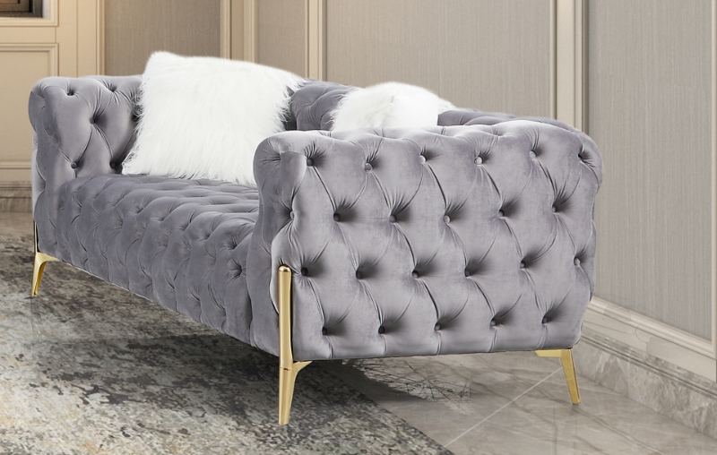 Picture of NORFOLK Button-Tufted Velvet Sofa Range (Grey) - 2 Seater (Loveseat)