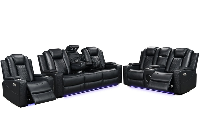 Picture of MONROSE Air Leather Dual Motor Reclining Sofa Range (Black) - Armchair + Loveseat + Sofa Set