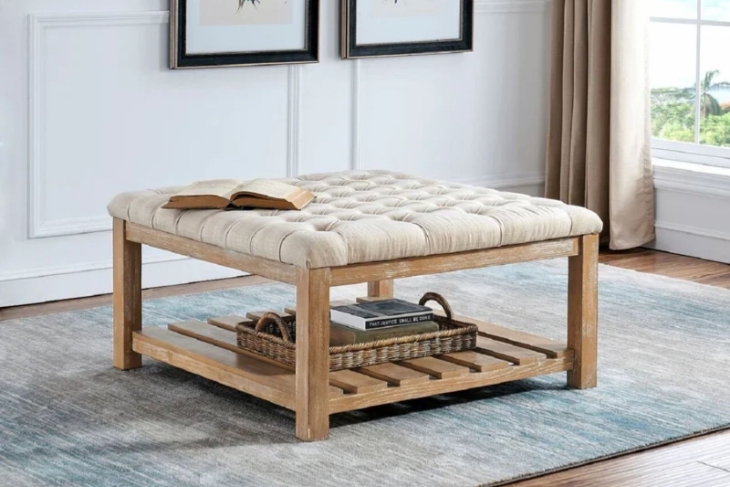 Picture of MARCEL Solid Wood Tufted Ottoman/Coffee Table with Shelf