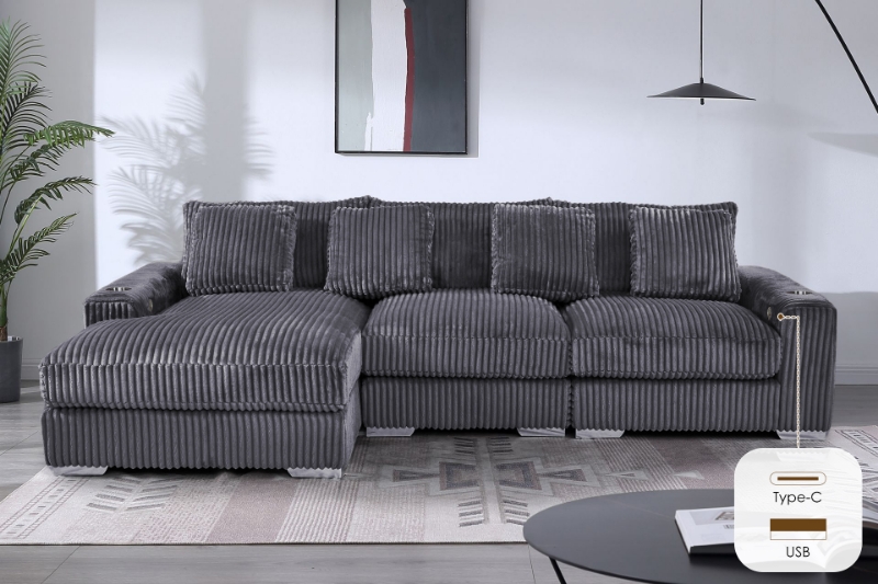 Picture of WINSTON Premium Corduroy Modular Sectional Sofa with Cup Holders & USB Ports (Grey) 