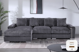 Picture of WINSTON Premium Corduroy Modular Sectional Sofa with Cup Holders & USB Ports (Grey)  - Chaise Facing Left