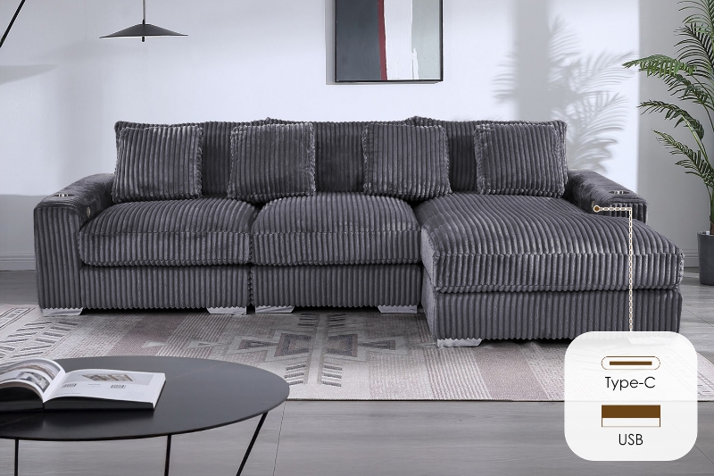 Picture of WINSTON Premium Corduroy Modular Sectional Sofa with Cup Holders & USB Ports (Grey) - Chaise Facing Right