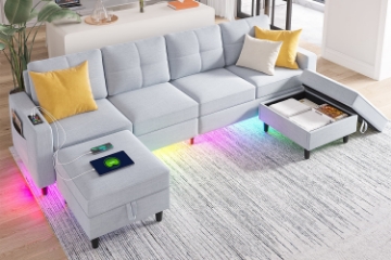 Picture of KINSLEY Modular Sectional Sofa with Wireless Charging, USB & Type-C Ports, and LED Lighting (Light Grey)