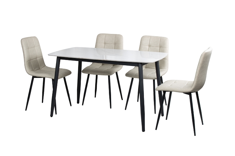 Picture of SAROTO 51" Sintered Stone Top 5PC Dining Set (Gloss White Table + 4 Creamy White Chairs)