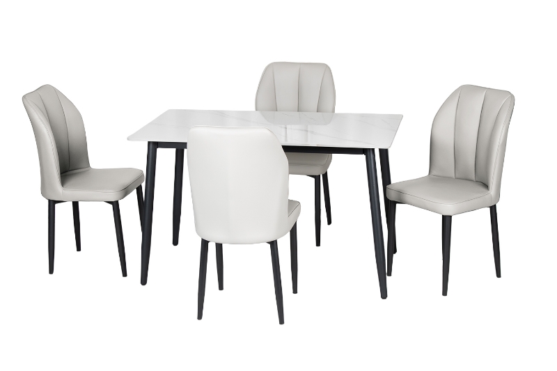 Picture of MIKASA 47" Sintered Stone Top 5PC Dining Set (Crisp-White Table + 4 Light Grey Chairs)