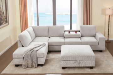 Picture of OSAKA Sectional Sofa with Storage Ottoman, Flip-Back Hidden Console & USB & Type-C Port (Light Color)