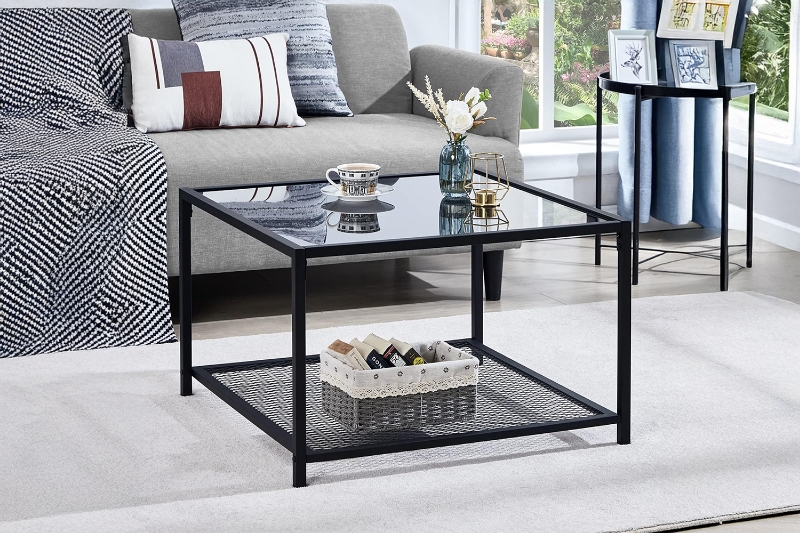 Picture of LINDELL 27.5" Square Tempered Glass Coffee Table with Shelf 