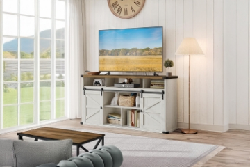 Picture of KARO 58" Farmhouse Tall TV Stand with Sliding Barn Doors and Built-in Power Strip