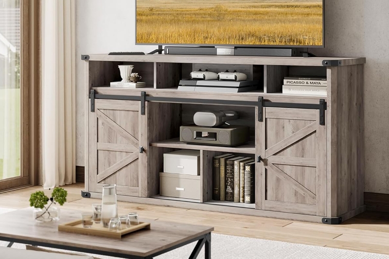 Picture of VERO 70" Farmhouse Tall TV Stand with Sliding Barn Doors and Built-in Power Strip