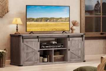 Picture of VERO 70" Farmhouse TV Stand with Sliding Barn Doors and Built-in Power Strip