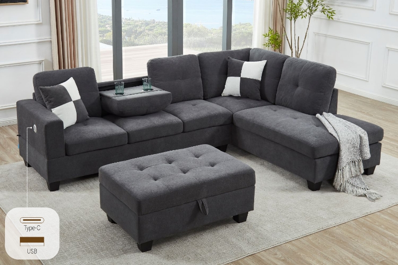 Picture of NEBULA Pro Sectional Sofa with Storage Ottoman & Drop-Down Console & USB & Type-C Port (Dark Grey)