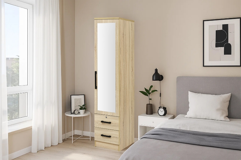 Picture of BESTA Wall Solution Modular Wardrobe - 1-Door Wardrobe with Mirror & 2 Drawers
