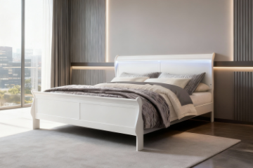 Picture of LOUIS Hevea Wood Bed Frame with LED Lighting Headboard in Queen/Eastern King Sizes (White) 