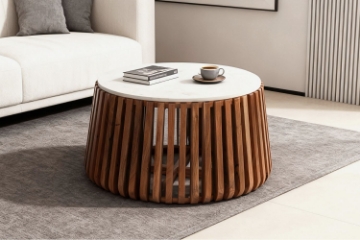 Picture of ALLEY Solid Acacia Wood Round Coffee Table with Marble Top