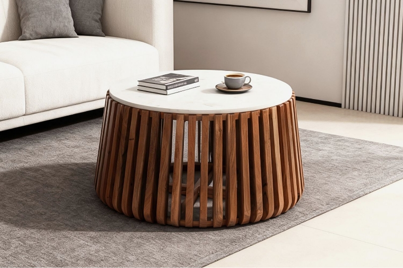 Picture of ALLEY Solid Acacia Wood Round Coffee Table with Marble Top