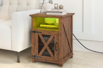 Picture of TOVIA 1-Door Bedside Table/Side Table with LED Light & AC Outlets & USB & Type-C Charging Ports (Brown)