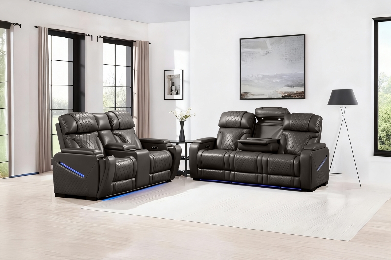 Picture of CALVIA Duo Motor Zero Gravity Adjustable Headrest Reclining Sofa Range (Grey) - Loveseat + Sofa Set