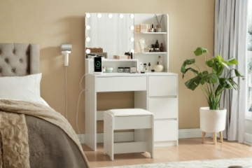 Picture of JOANNA Dressing Table with LED Bulb Mirror and Stool (White)