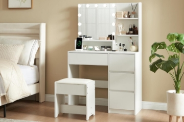 Picture of JOANNA Dressing Table with LED Bulb Mirror / Power Station and Stool (White)