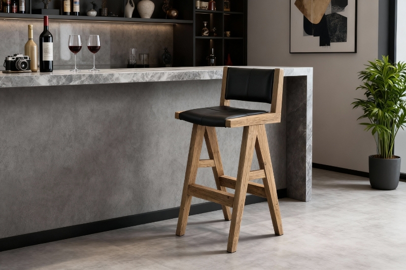 Picture of TIMBERA Solid Reclaimed Pine Wood Frame Bar Chair with Genuine Leather Seat and Backrest