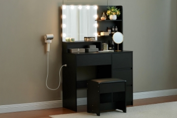 Picture of JOANNA Dressing Table with LED Bulb Mirror / Power Station and Stool (Black)