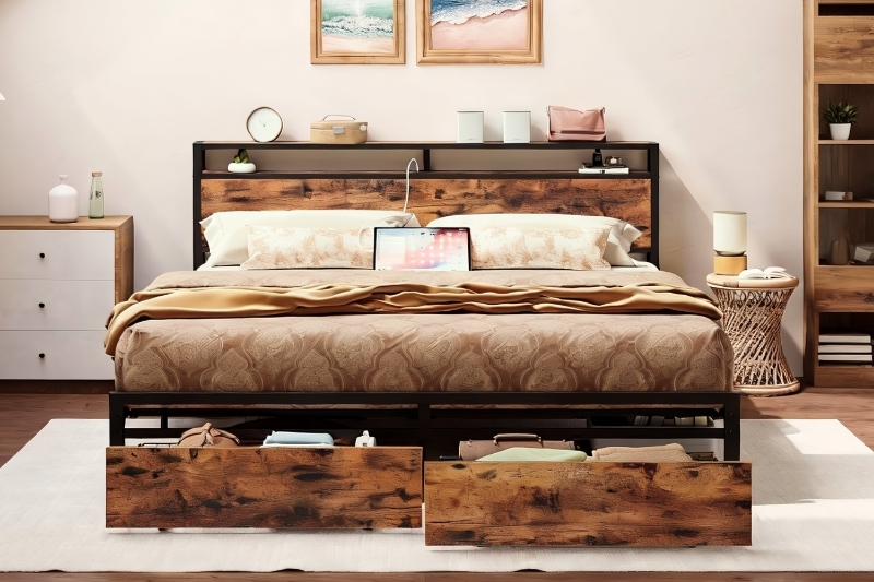 Picture of CASPIAN Platform Bed Frame with Storage Headboard, Drawers and Charging Station in Queen Size 