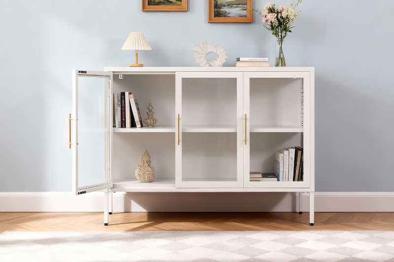 Picture of STARK Steel Frame 35.5"x47" 3-Door Transparent Glass Display Cabinet (Cream)