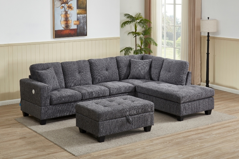 Picture of NEBULA Pro Chenille Fabric Sectional Sofa with Storage Ottoman (Dark Grey) - Chaise Facing Right