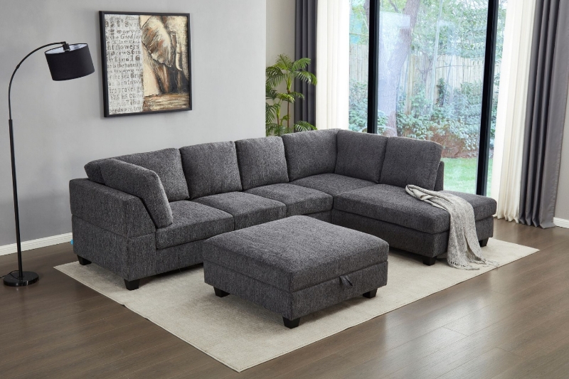 Picture of LIBERTY Premium Chenille Fabric Sectional Sofa (Dark Grey) - Chaise Facing Right with Storage Ottoman