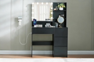 Picture of JOANNA Dressing Table with LED Bulb Mirror/Power Station without Stool (Black)