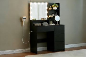 Picture of JOANNA Dressing Table with LED Bulb Mirror/Power Station without Stool (Black)