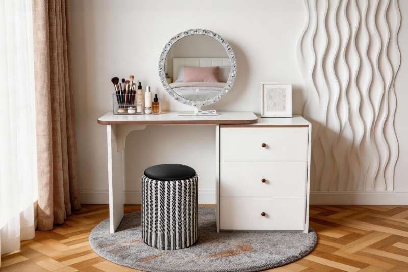Picture of ELYSIA 3-Drawer 39.5"-63" Extension Dressing Table with LED Mirror and Makeup Stool Combo